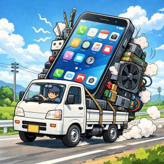 軽トラにスマホを積んで走るコミカルなイラスト