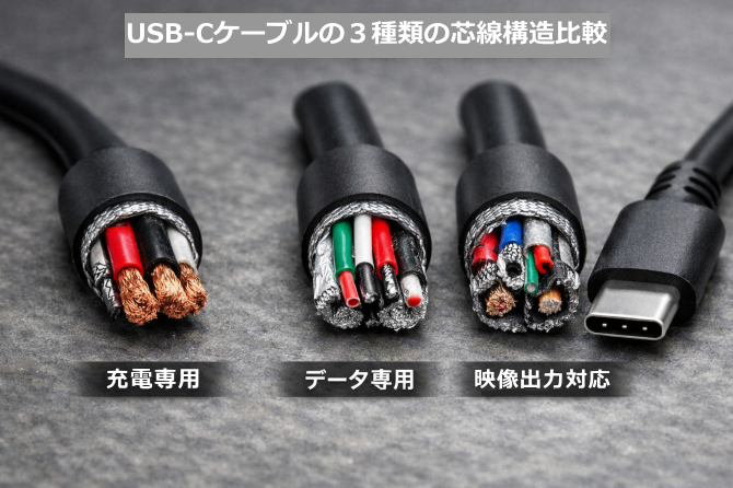 USB-Cケーブルの３種類の芯線構造の画像